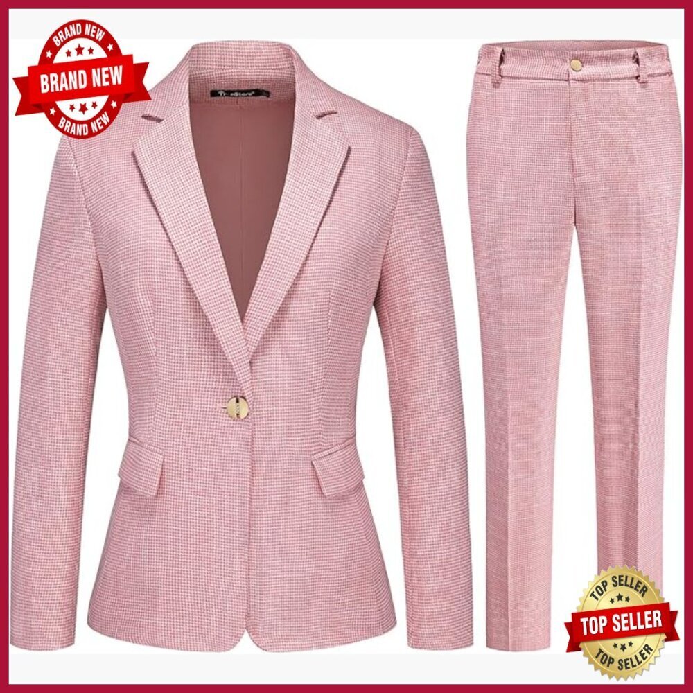 Pinstripe Houndstooth Blazer Pants Suit Set Business Office Wear